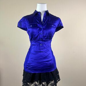 Office Siren Horror Game Protaganist Purply Blue Button Up Top